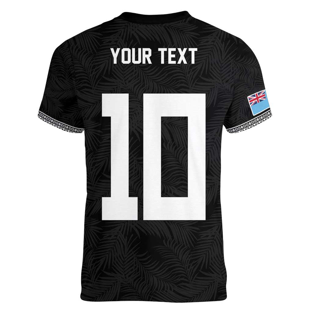 Custom Rugby Fiji Women V-Neck T-Shirt Fijian Masi Tribal Sporty Style Black Color LT03 - Polynesian Pride