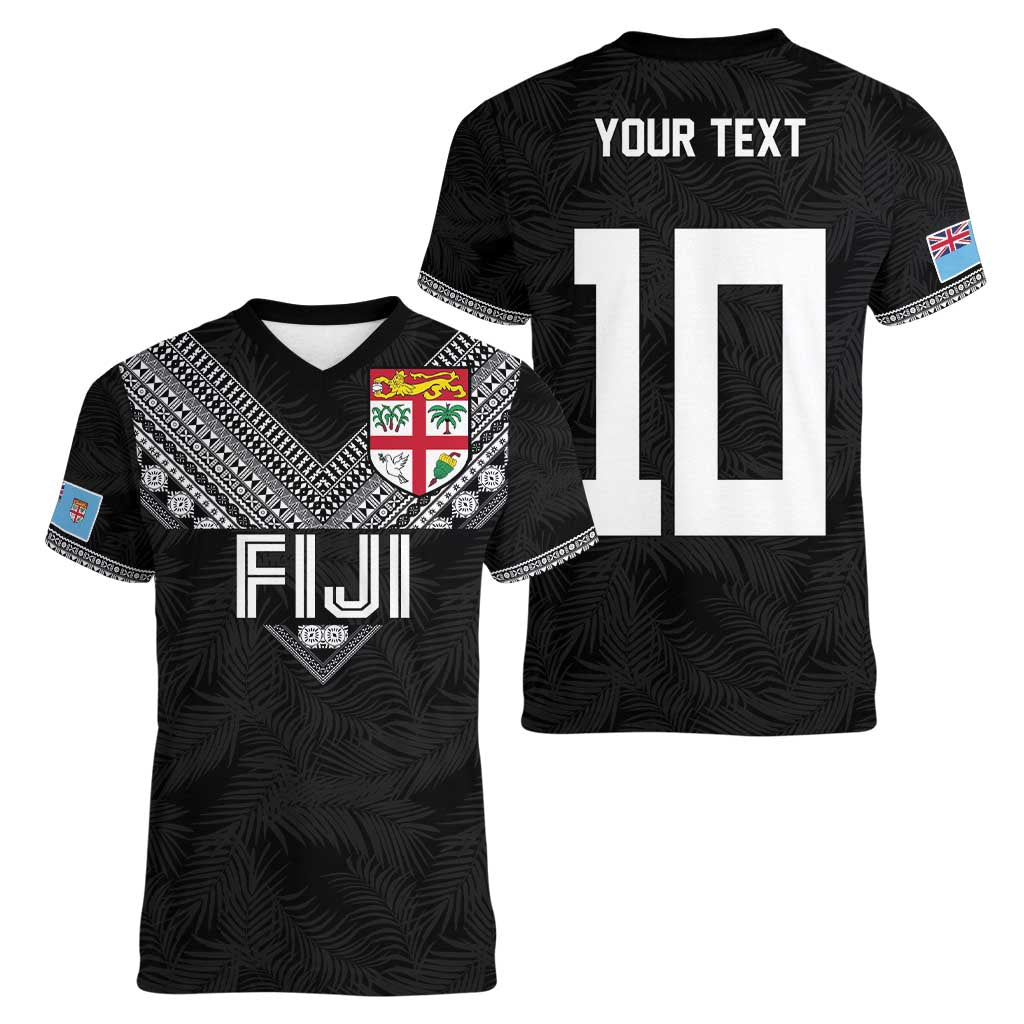 Custom Rugby Fiji Women V-Neck T-Shirt Fijian Masi Tribal Sporty Style Black Color LT03 - Polynesian Pride