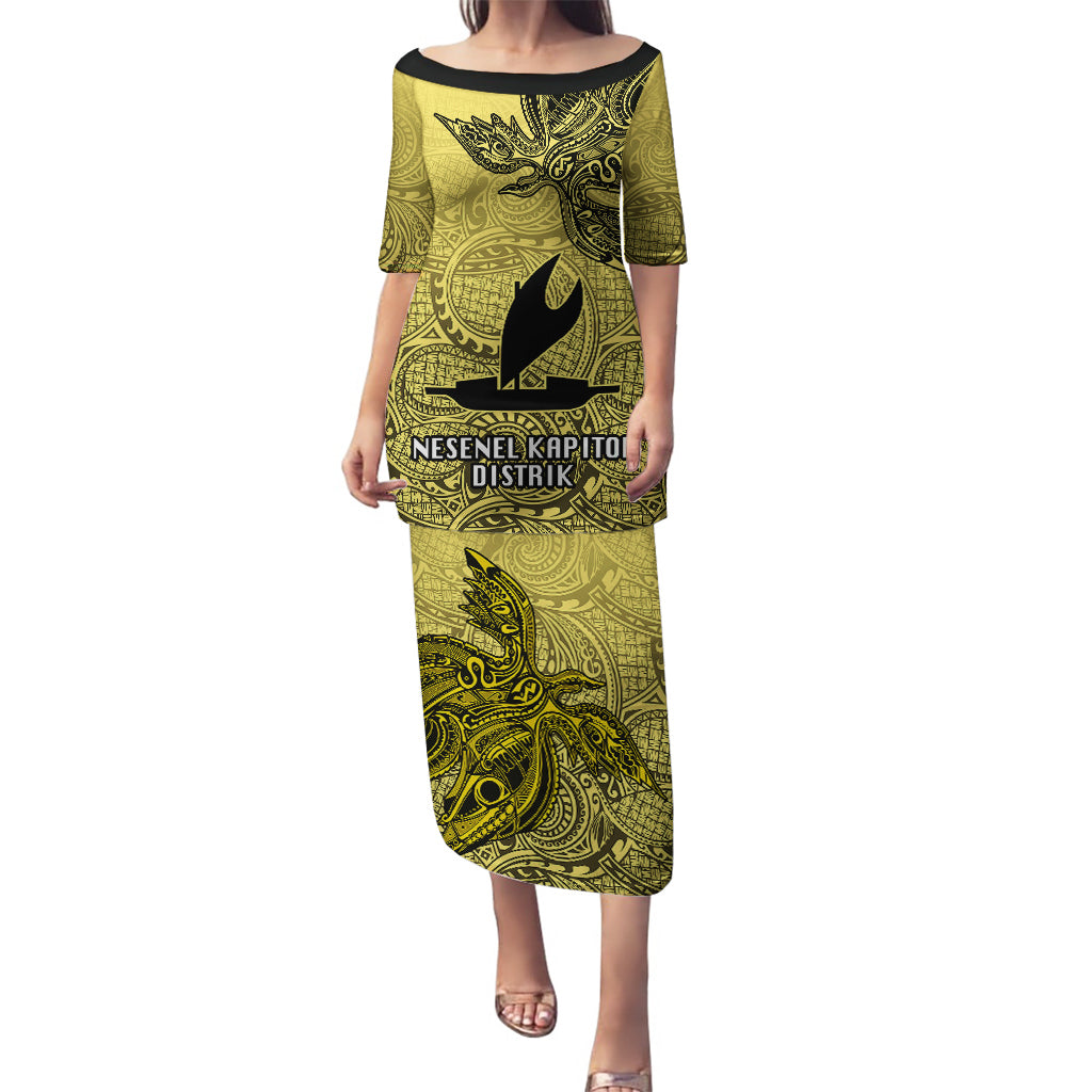 Papua New Guinea National Capital District Puletasi PNG Birds Of Paradise Polynesian Arty Style LT03 Long Dress Yellow - Polynesian Pride