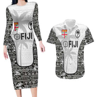 Custom Fiji Pacific Rugby 2024 Couples Matching Long Sleeve Bodycon Dress and Hawaiian Shirt Tapa Tribal and Fijian Masi Pattern LT03 White - Polynesian Pride