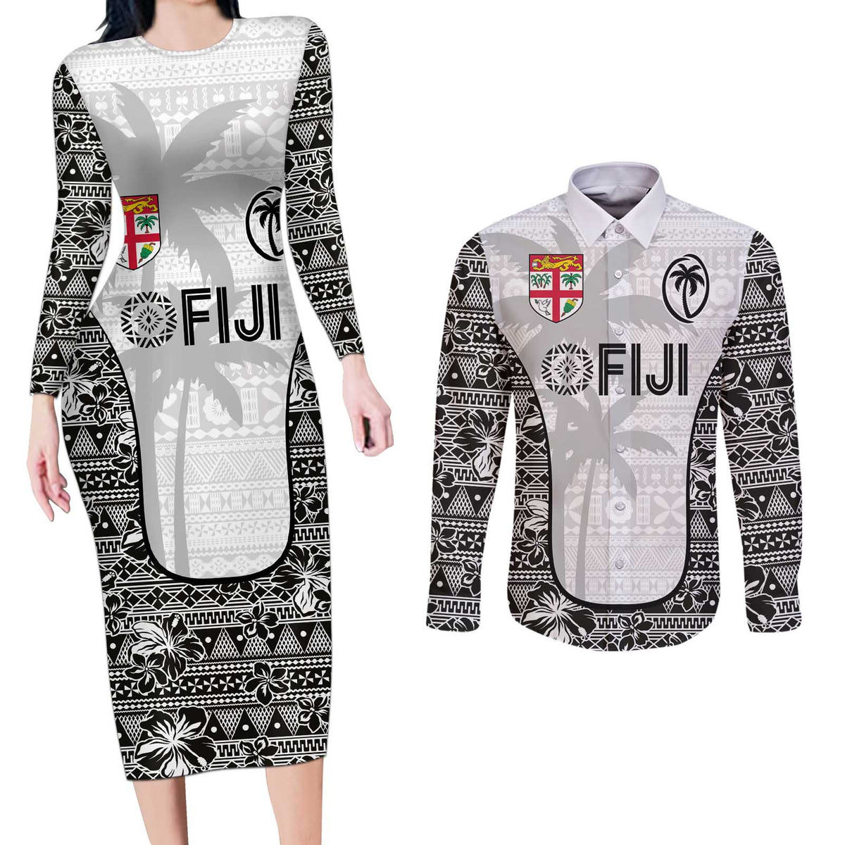 Custom Fiji Pacific Rugby 2024 Couples Matching Long Sleeve Bodycon Dress and Long Sleeve Button Shirt Tapa Tribal and Fijian Masi Pattern LT03 White - Polynesian Pride
