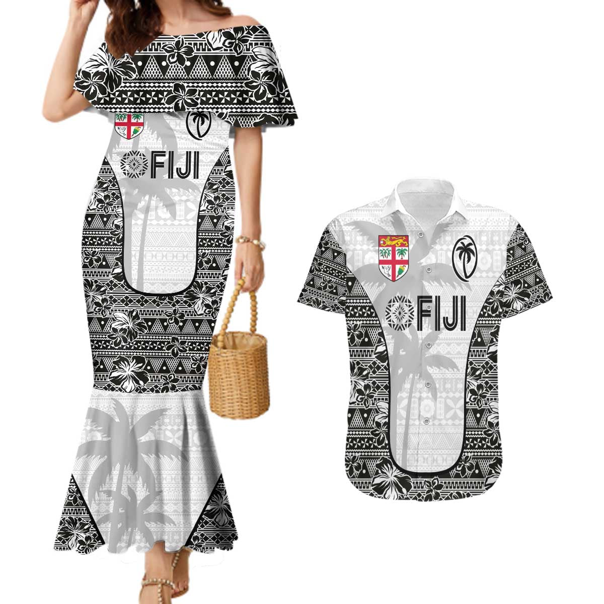Custom Fiji Pacific Rugby 2024 Couples Matching Mermaid Dress and Hawaiian Shirt Tapa Tribal and Fijian Masi Pattern LT03 White - Polynesian Pride