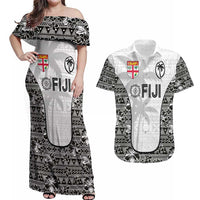 Custom Fiji Pacific Rugby 2024 Couples Matching Off Shoulder Maxi Dress and Hawaiian Shirt Tapa Tribal and Fijian Masi Pattern LT03 White - Polynesian Pride