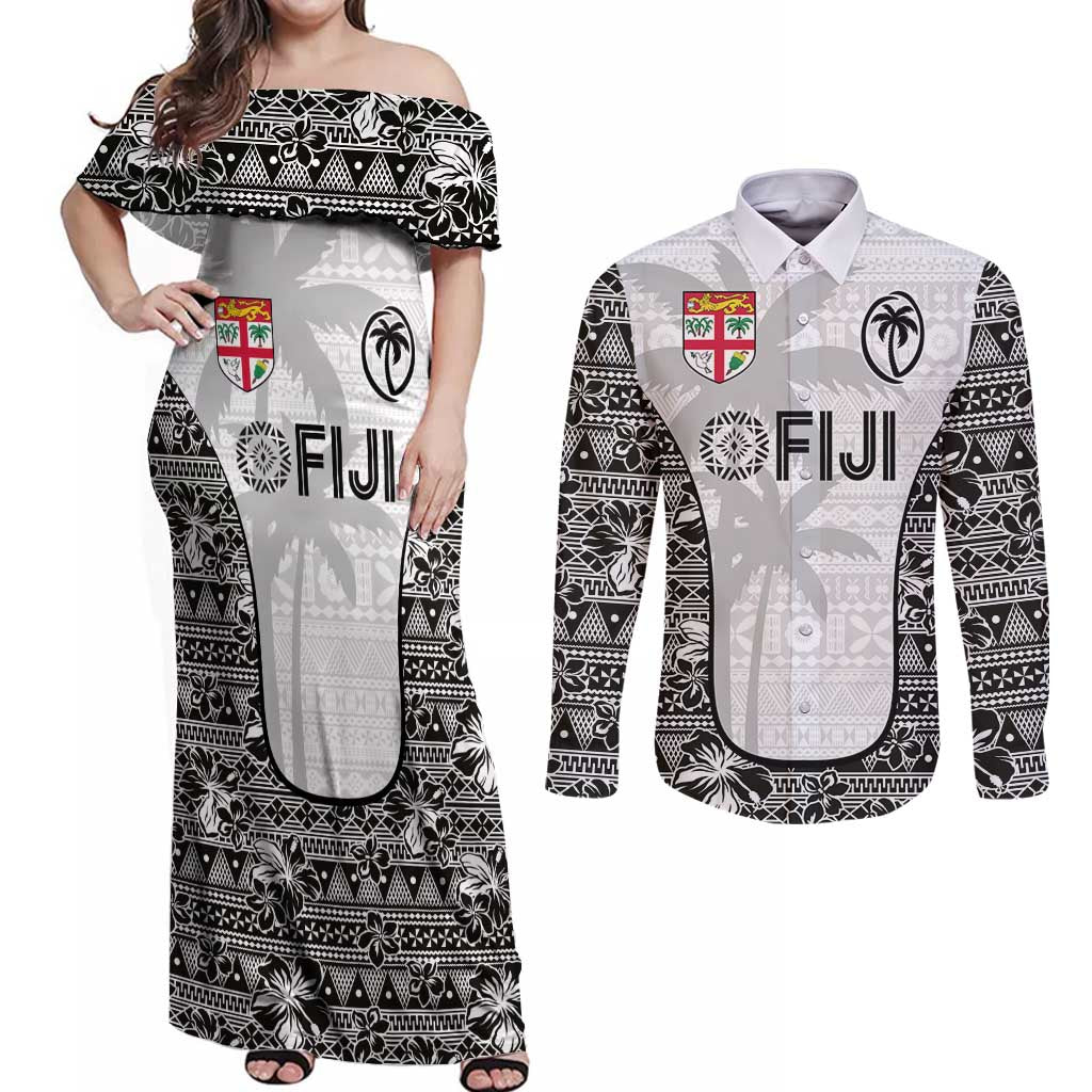 Custom Fiji Pacific Rugby 2024 Couples Matching Off Shoulder Maxi Dress and Long Sleeve Button Shirt Tapa Tribal and Fijian Masi Pattern LT03 White - Polynesian Pride