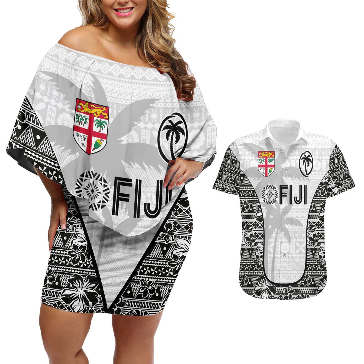 Custom Fiji Pacific Rugby 2024 Couples Matching Off Shoulder Short Dress and Hawaiian Shirt Tapa Tribal and Fijian Masi Pattern LT03 White - Polynesian Pride
