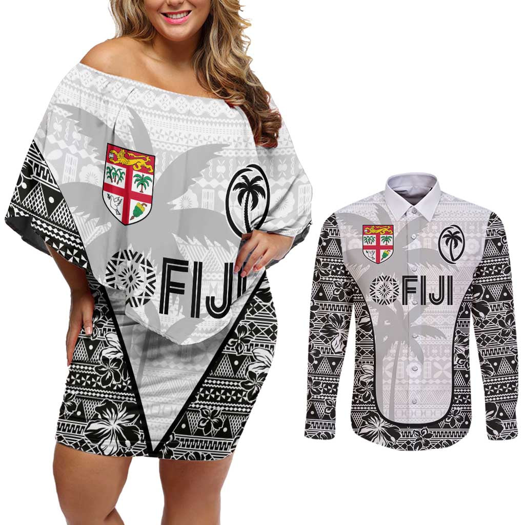 Custom Fiji Pacific Rugby 2024 Couples Matching Off Shoulder Short Dress and Long Sleeve Button Shirt Tapa Tribal and Fijian Masi Pattern LT03 White - Polynesian Pride