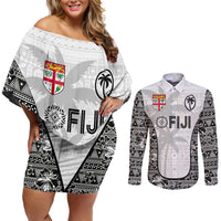 Custom Fiji Pacific Rugby 2024 Couples Matching Off Shoulder Short Dress and Long Sleeve Button Shirt Tapa Tribal and Fijian Masi Pattern LT03 White - Polynesian Pride