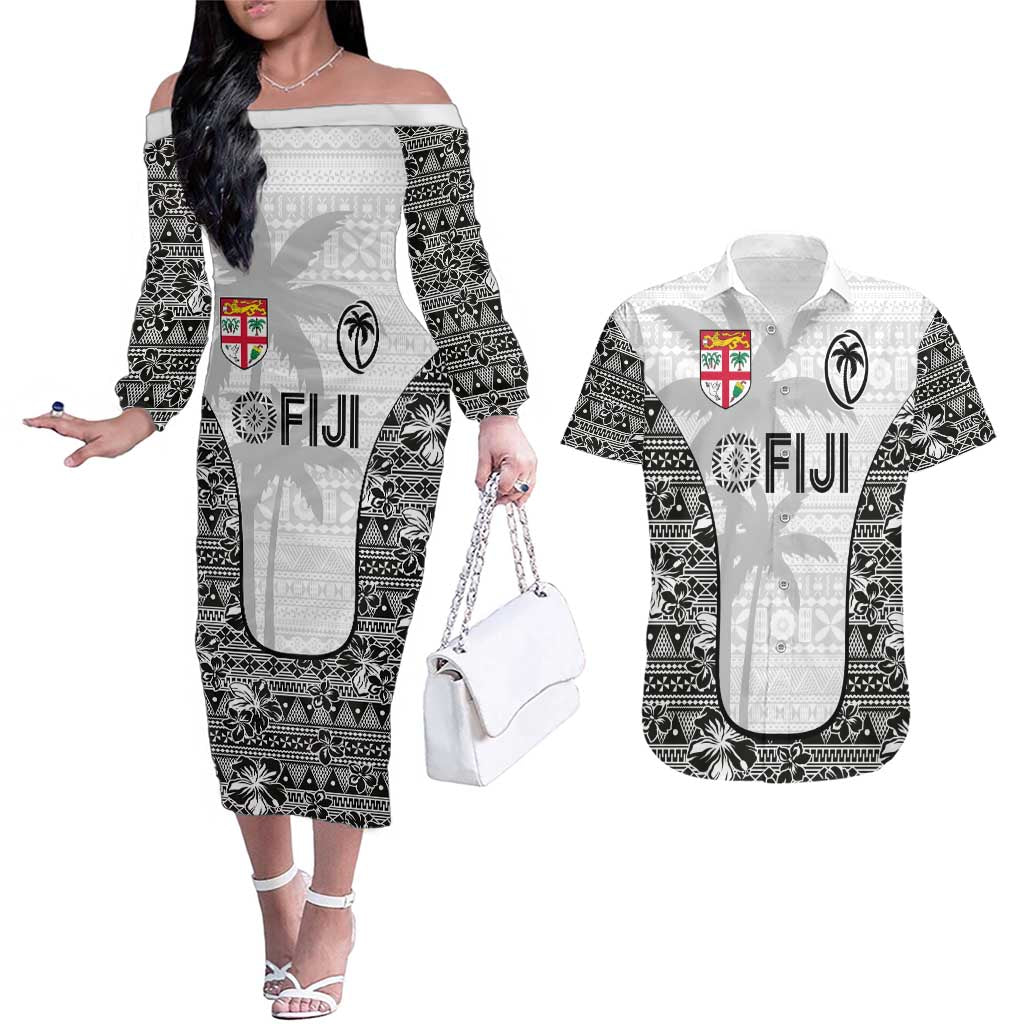 Custom Fiji Pacific Rugby 2024 Couples Matching Off The Shoulder Long Sleeve Dress and Hawaiian Shirt Tapa Tribal and Fijian Masi Pattern LT03 White - Polynesian Pride