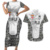 Custom Fiji Pacific Rugby 2024 Couples Matching Short Sleeve Bodycon Dress and Hawaiian Shirt Tapa Tribal and Fijian Masi Pattern LT03 White - Polynesian Pride