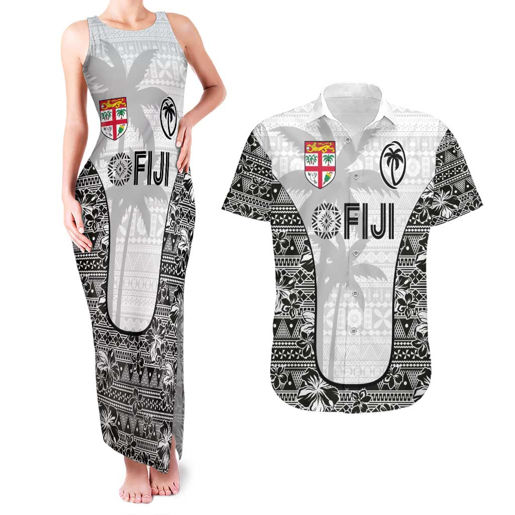 Custom Fiji Pacific Rugby 2024 Couples Matching Tank Maxi Dress and Hawaiian Shirt Tapa Tribal and Fijian Masi Pattern LT03 White - Polynesian Pride