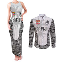 Custom Fiji Pacific Rugby 2024 Couples Matching Tank Maxi Dress and Long Sleeve Button Shirt Tapa Tribal and Fijian Masi Pattern LT03 White - Polynesian Pride