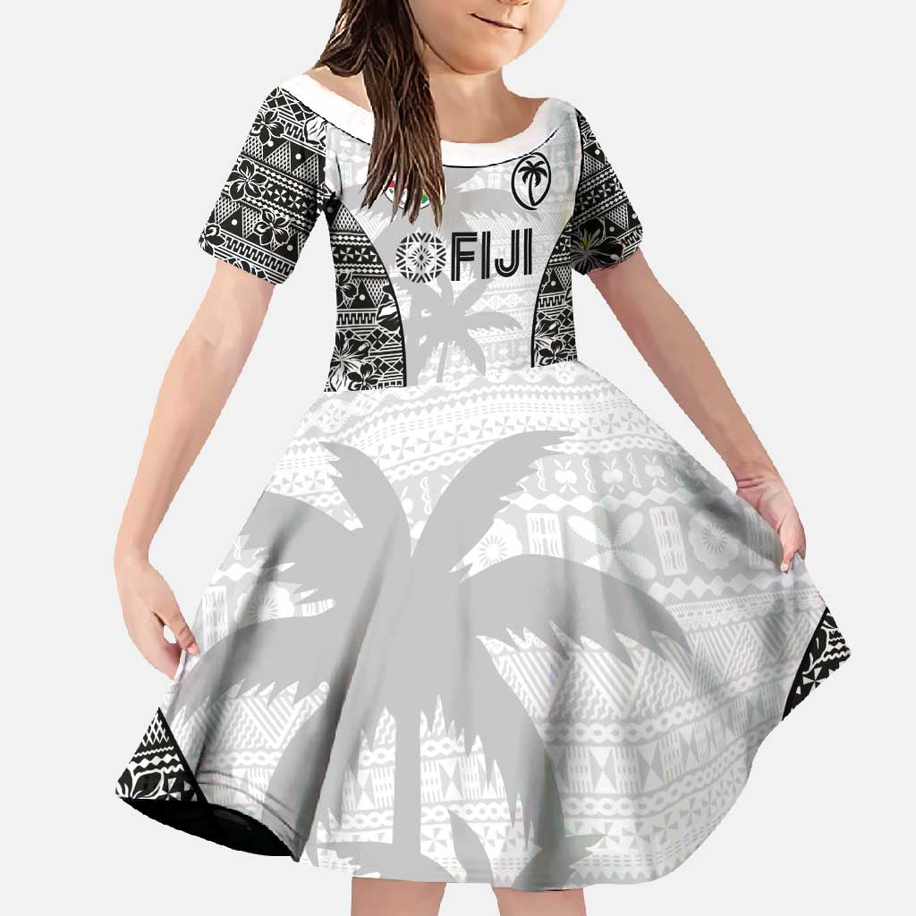 Custom Fiji Pacific Rugby 2024 Family Matching Long Sleeve Bodycon Dress and Hawaiian Shirt Tapa Tribal and Fijian Masi Pattern LT03 Daughter's Dress White - Polynesian Pride