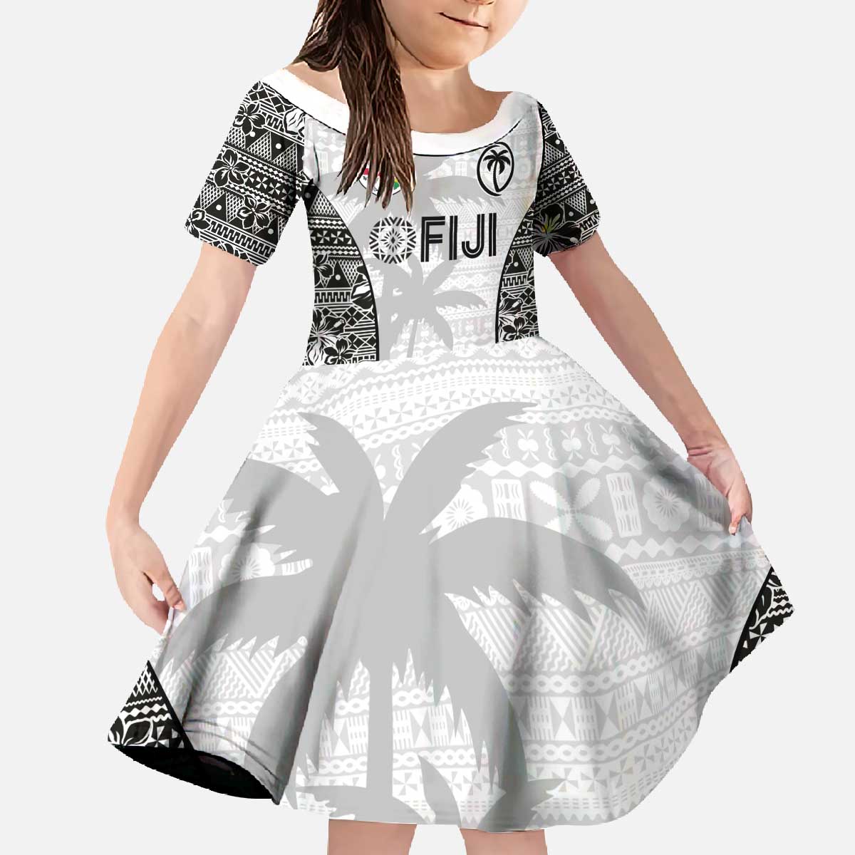 Custom Fiji Pacific Rugby 2024 Family Matching Off The Shoulder Long Sleeve Dress and Hawaiian Shirt Tapa Tribal and Fijian Masi Pattern LT03 Daughter's Dress White - Polynesian Pride