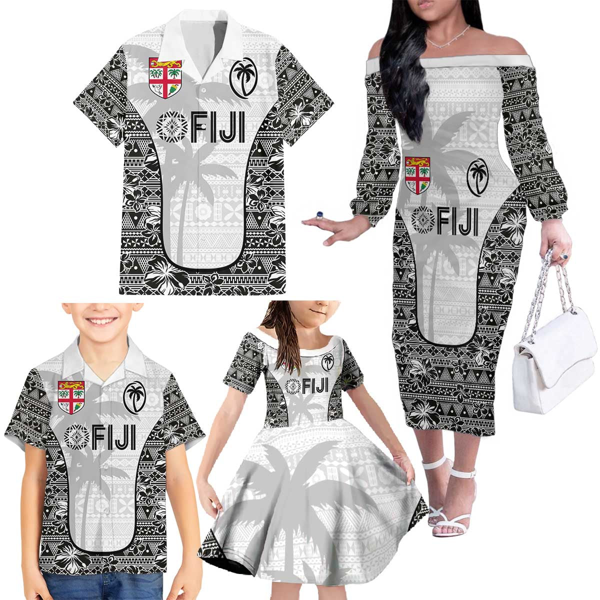 Custom Fiji Pacific Rugby 2024 Family Matching Off The Shoulder Long Sleeve Dress and Hawaiian Shirt Tapa Tribal and Fijian Masi Pattern LT03 - Polynesian Pride
