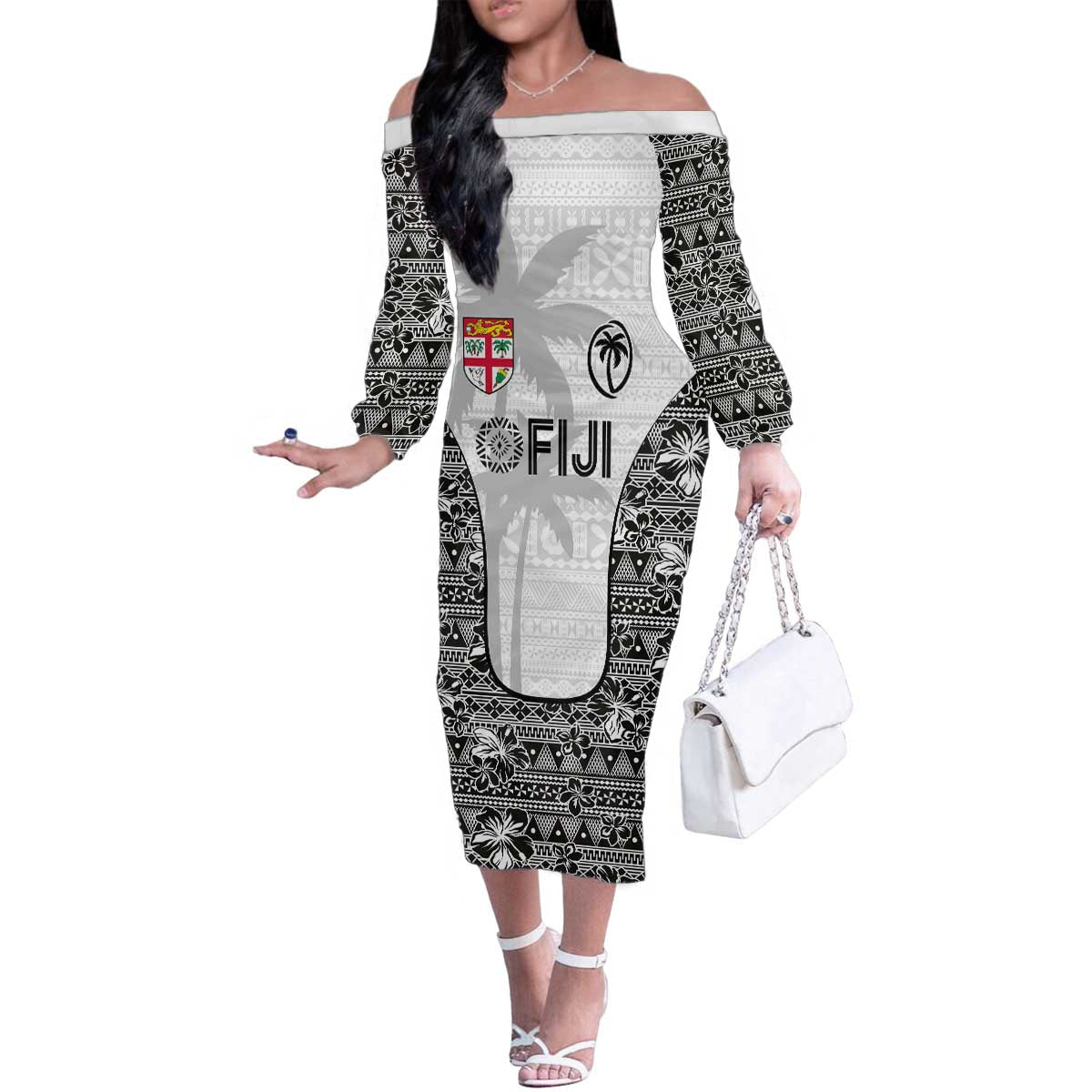 Custom Fiji Pacific Rugby 2024 Family Matching Off The Shoulder Long Sleeve Dress and Hawaiian Shirt Tapa Tribal and Fijian Masi Pattern LT03 Mom's Dress White - Polynesian Pride