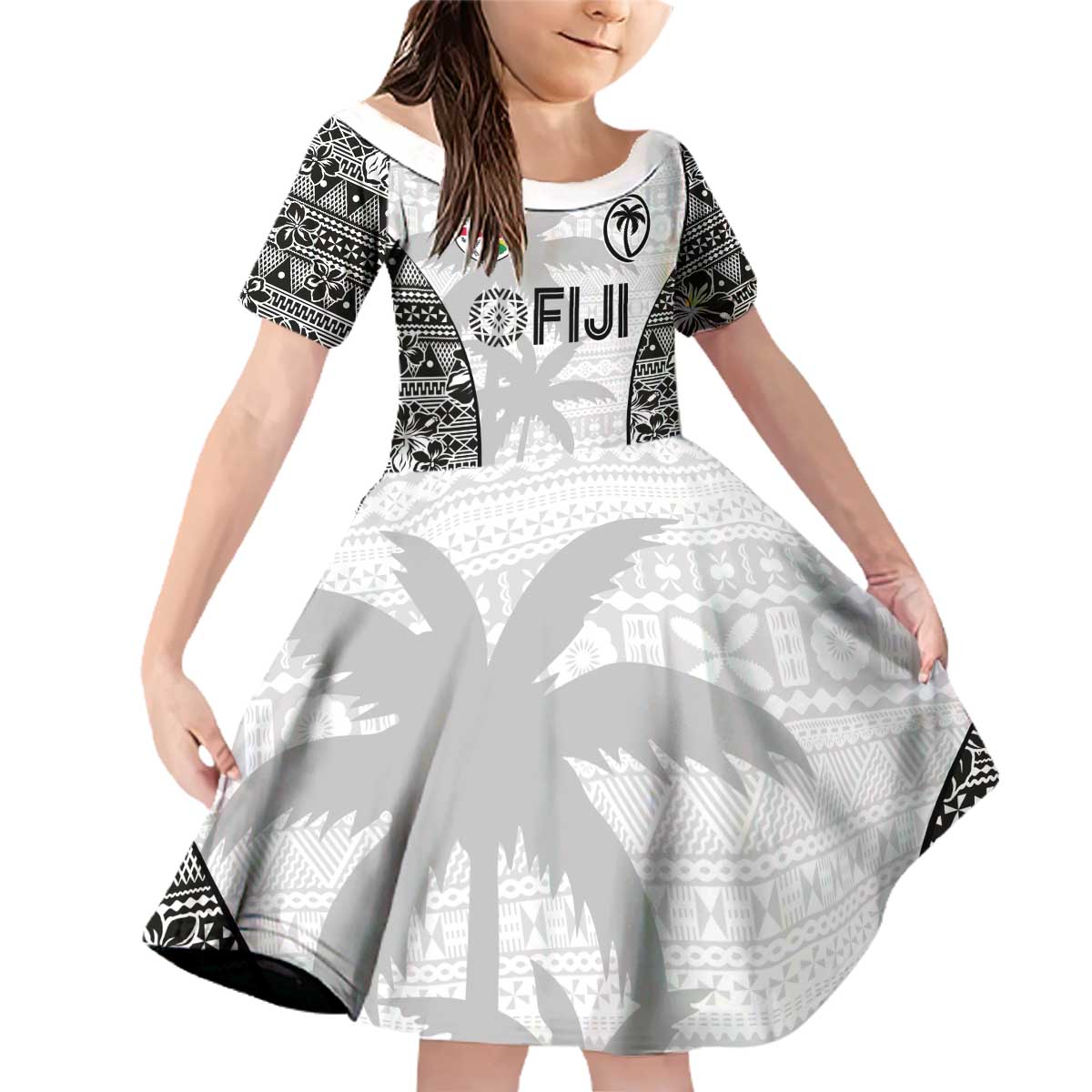 Custom Fiji Pacific Rugby 2024 Family Matching Off Shoulder Short Dress and Hawaiian Shirt Tapa Tribal and Fijian Masi Pattern LT03 Daughter's Dress White - Polynesian Pride