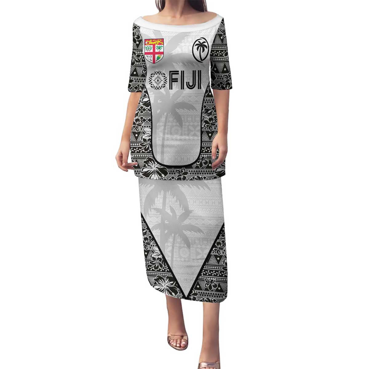 Custom Fiji Pacific Rugby 2024 Family Matching Puletasi and Hawaiian Shirt Tapa Tribal and Fijian Masi Pattern LT03 Mom's Dress White - Polynesian Pride