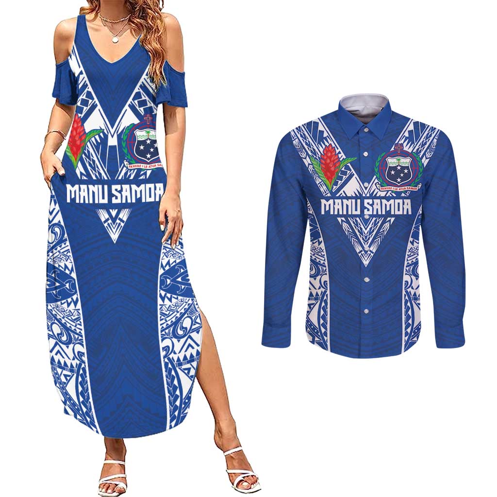 Custom Samoa Pacific Rugby 2024 Couples Matching Summer Maxi Dress and Long Sleeve Button Shirt Polynesian Pacific Tribal Pattern LT03 Blue - Polynesian Pride