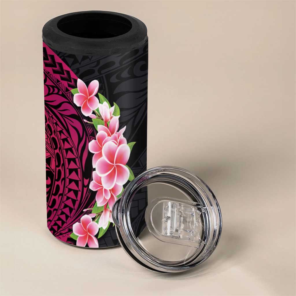 Hawaiian Tropical Plumeria Art Polynesian Tattoo 4 in 1 Can Cooler Tumbler Black and Bright Pink Color LT03 - Polynesian Pride
