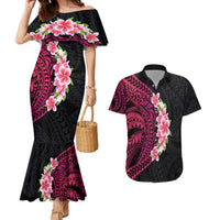 Hawaiian Tropical Plumeria Art Polynesian Tattoo Couples Matching Mermaid Dress and Hawaiian Shirt Black and Bright Pink Color LT03 Pink - Polynesian Pride