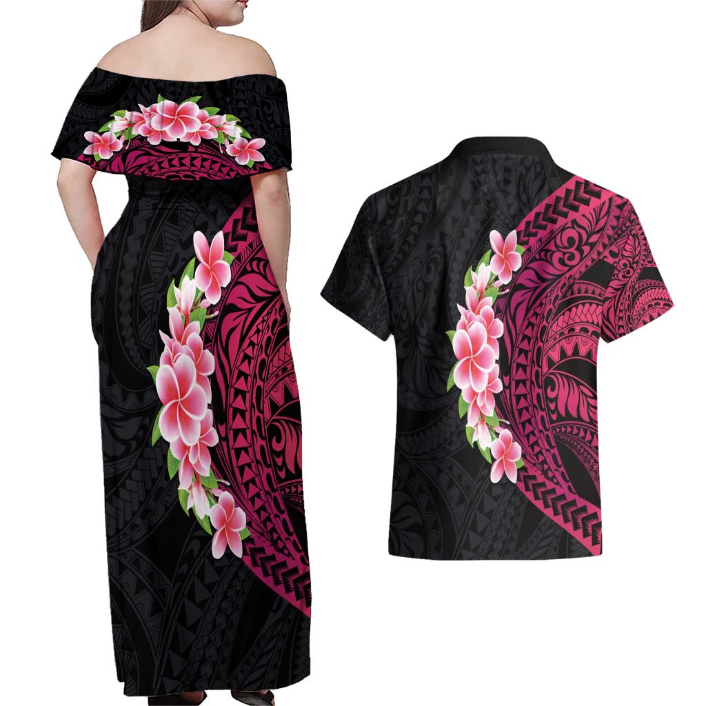 Hawaiian Tropical Plumeria Art Polynesian Tattoo Couples Matching Off Shoulder Maxi Dress and Hawaiian Shirt Black and Bright Pink Color LT03 - Polynesian Pride