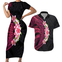 Hawaiian Tropical Plumeria Art Polynesian Tattoo Couples Matching Short Sleeve Bodycon Dress and Hawaiian Shirt Black and Bright Pink Color LT03 Pink - Polynesian Pride