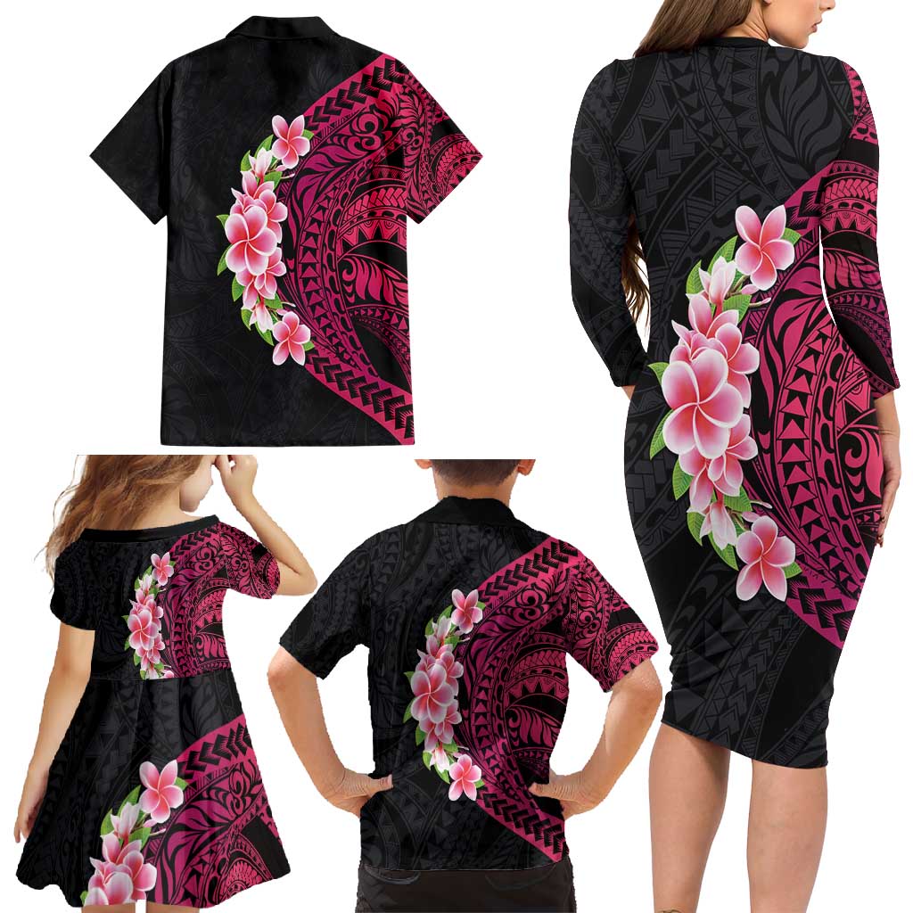 Hawaiian Tropical Plumeria Art Polynesian Tattoo Family Matching Long Sleeve Bodycon Dress and Hawaiian Shirt Black and Bright Pink Color LT03 - Polynesian Pride