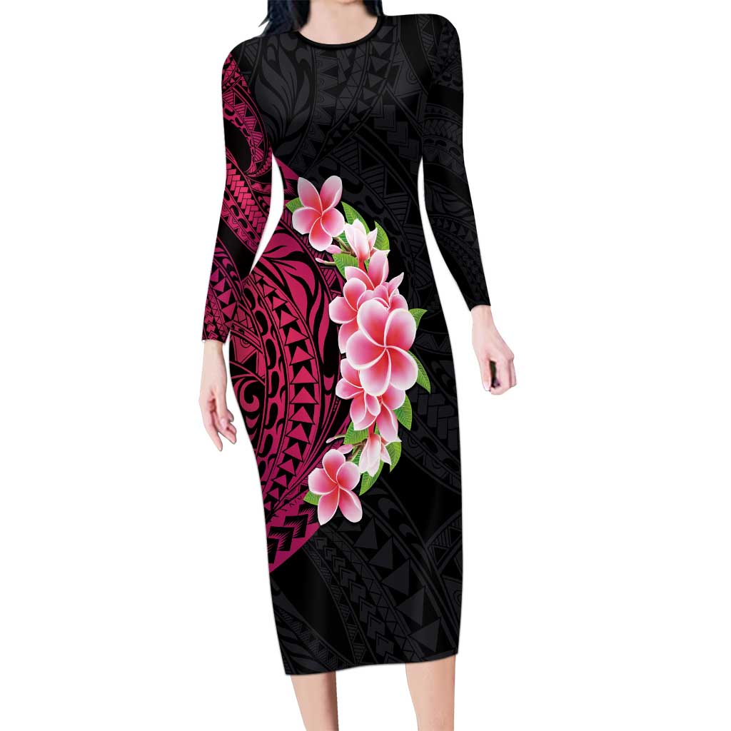 Hawaiian Tropical Plumeria Art Polynesian Tattoo Family Matching Long Sleeve Bodycon Dress and Hawaiian Shirt Black and Bright Pink Color LT03 Mom's Dress Pink - Polynesian Pride