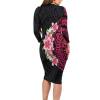 Hawaiian Tropical Plumeria Art Polynesian Tattoo Family Matching Long Sleeve Bodycon Dress and Hawaiian Shirt Black and Bright Pink Color LT03 - Polynesian Pride