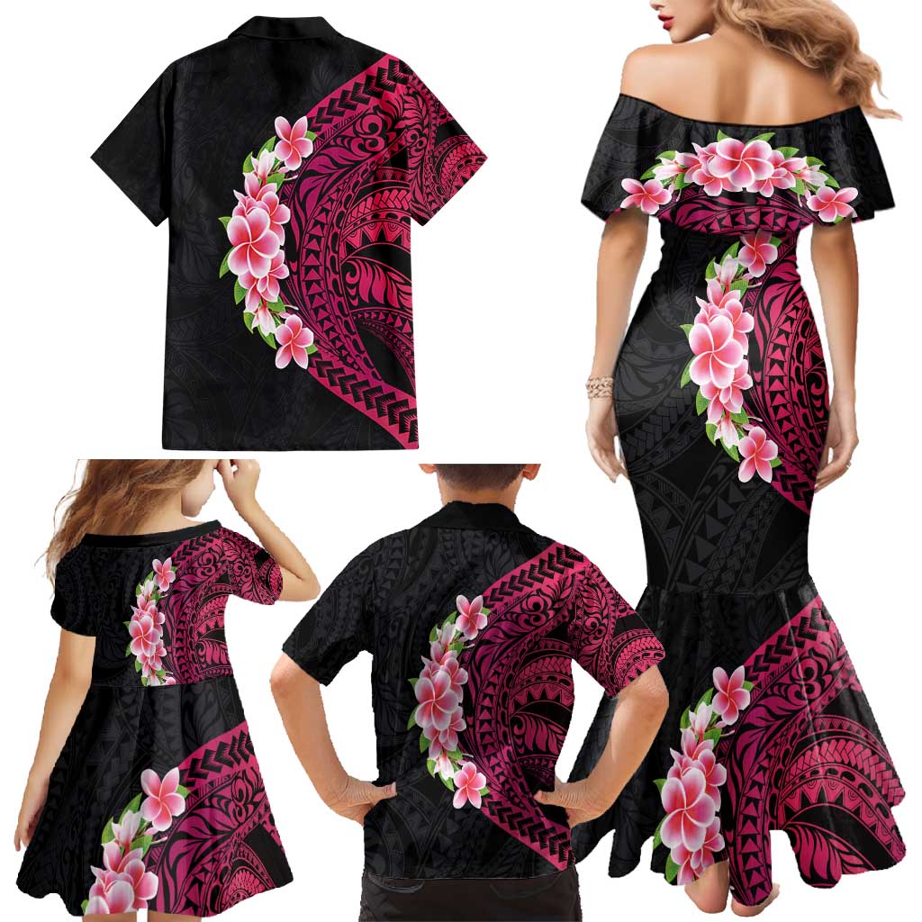 Hawaiian Tropical Plumeria Art Polynesian Tattoo Family Matching Mermaid Dress and Hawaiian Shirt Black and Bright Pink Color LT03 - Polynesian Pride