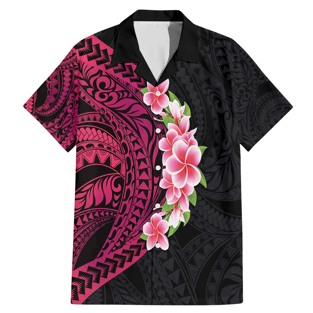 Hawaiian Tropical Plumeria Art Polynesian Tattoo Family Matching Mermaid Dress and Hawaiian Shirt Black and Bright Pink Color LT03 Dad's Shirt - Short Sleeve Pink - Polynesian Pride