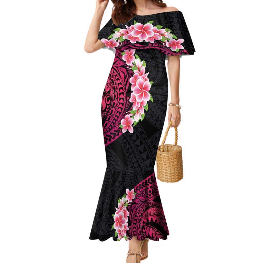 Hawaiian Tropical Plumeria Art Polynesian Tattoo Family Matching Mermaid Dress and Hawaiian Shirt Black and Bright Pink Color LT03 Mom's Dress Pink - Polynesian Pride