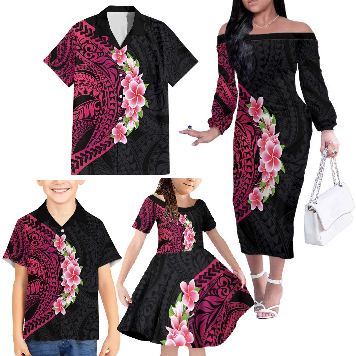 Hawaiian Tropical Plumeria Art Polynesian Tattoo Family Matching Off The Shoulder Long Sleeve Dress and Hawaiian Shirt Black and Bright Pink Color LT03 - Polynesian Pride