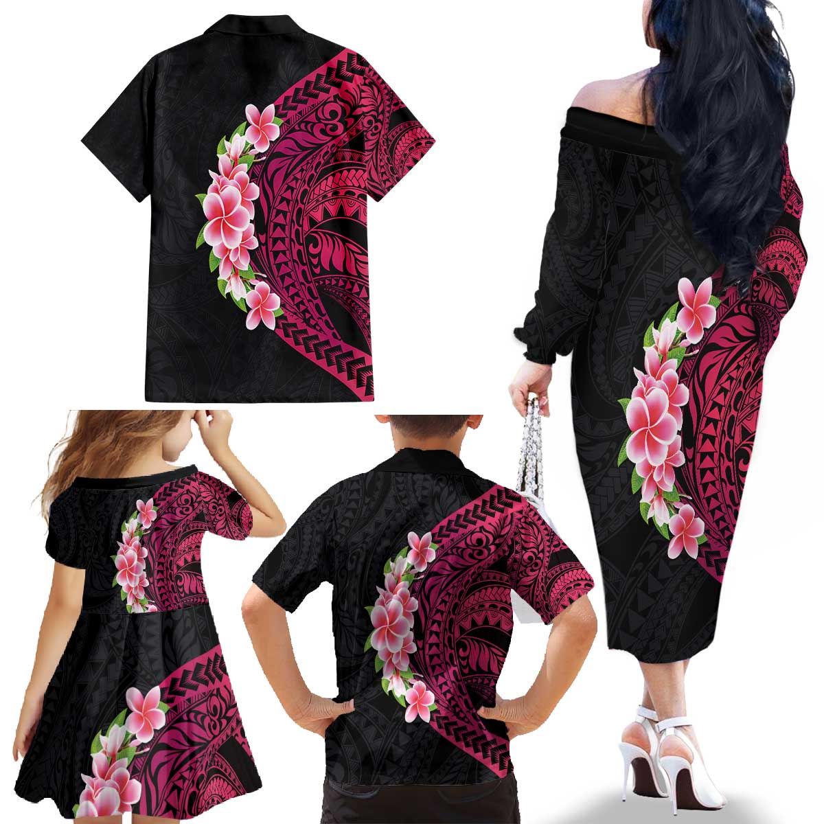 Hawaiian Tropical Plumeria Art Polynesian Tattoo Family Matching Off The Shoulder Long Sleeve Dress and Hawaiian Shirt Black and Bright Pink Color LT03 - Polynesian Pride