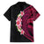 Hawaiian Tropical Plumeria Art Polynesian Tattoo Family Matching Off The Shoulder Long Sleeve Dress and Hawaiian Shirt Black and Bright Pink Color