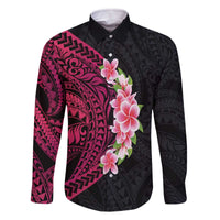 Hawaiian Tropical Plumeria Art Polynesian Tattoo Family Matching Off The Shoulder Long Sleeve Dress and Hawaiian Shirt Black and Bright Pink Color LT03 Dad's Shirt - Long Sleeve Pink - Polynesian Pride
