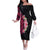 Hawaiian Tropical Plumeria Art Polynesian Tattoo Family Matching Off The Shoulder Long Sleeve Dress and Hawaiian Shirt Black and Bright Pink Color