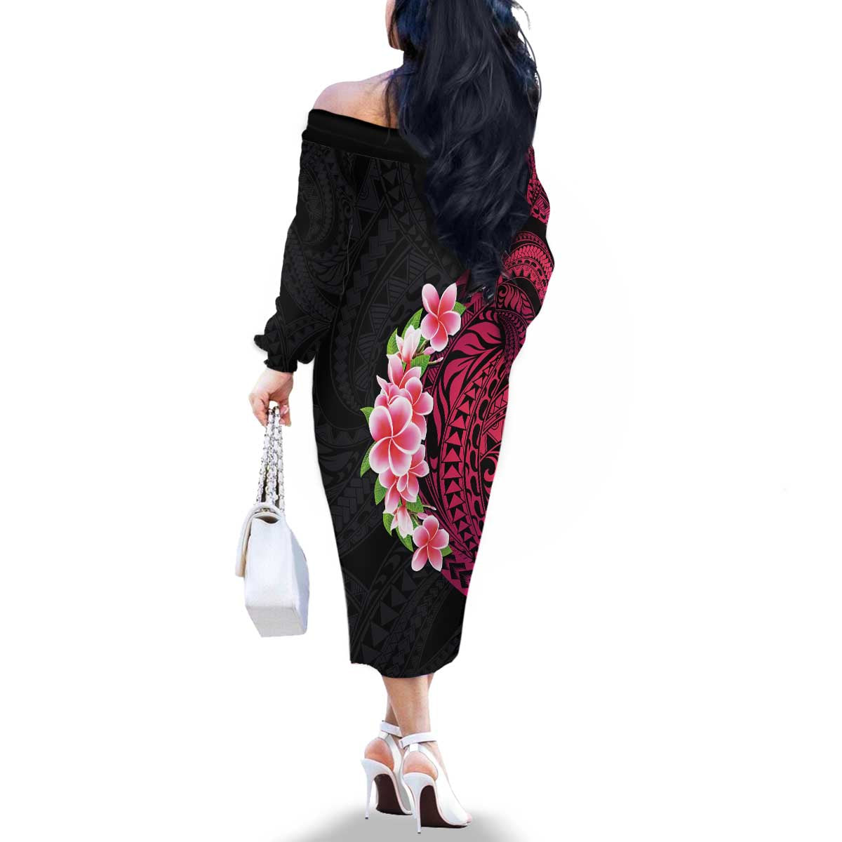 Hawaiian Tropical Plumeria Art Polynesian Tattoo Family Matching Off The Shoulder Long Sleeve Dress and Hawaiian Shirt Black and Bright Pink Color LT03 - Polynesian Pride