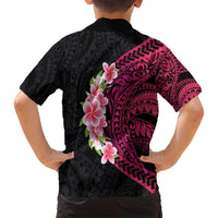 Hawaiian Tropical Plumeria Art Polynesian Tattoo Family Matching Off Shoulder Maxi Dress and Hawaiian Shirt Black and Bright Pink Color LT03 - Polynesian Pride