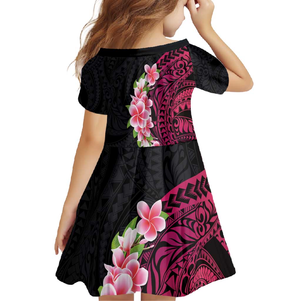 Hawaiian Tropical Plumeria Art Polynesian Tattoo Family Matching Off Shoulder Maxi Dress and Hawaiian Shirt Black and Bright Pink Color LT03 - Polynesian Pride
