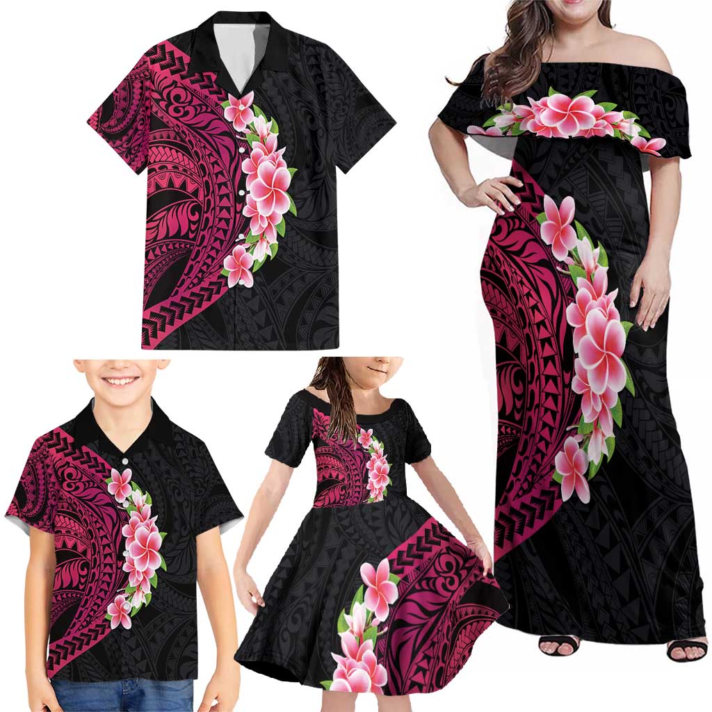 Hawaiian Tropical Plumeria Art Polynesian Tattoo Family Matching Off Shoulder Maxi Dress and Hawaiian Shirt Black and Bright Pink Color LT03 - Polynesian Pride