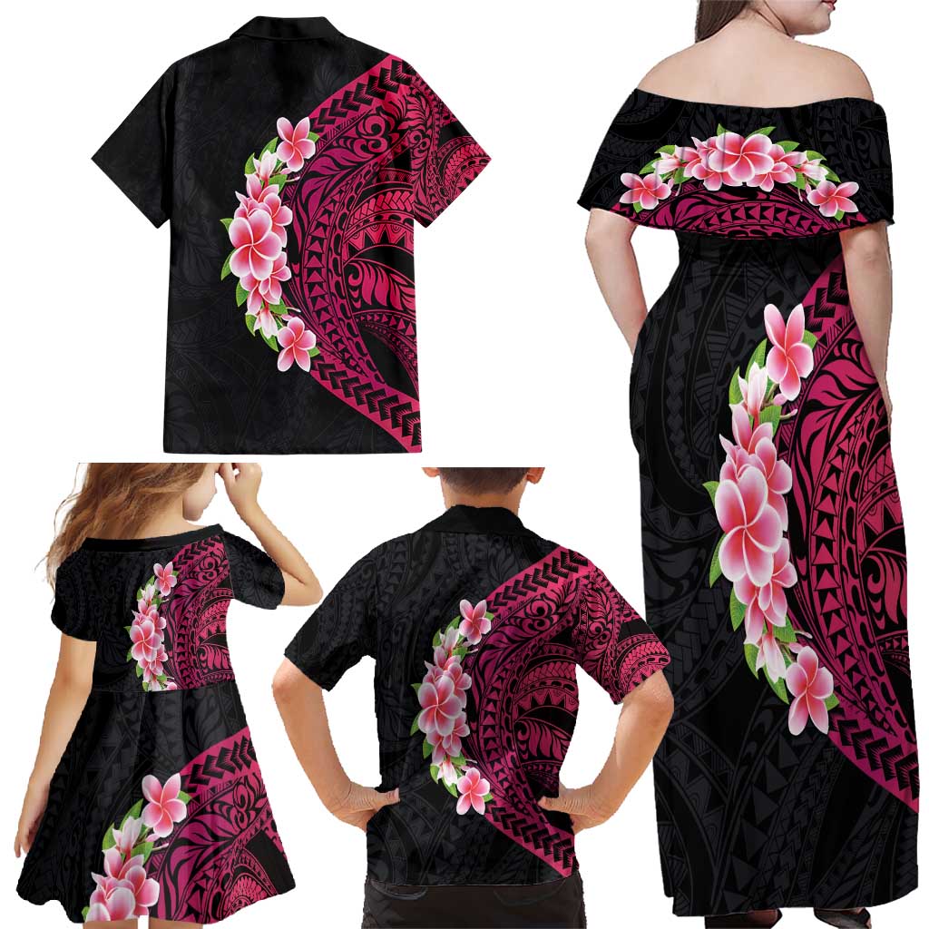 Hawaiian Tropical Plumeria Art Polynesian Tattoo Family Matching Off Shoulder Maxi Dress and Hawaiian Shirt Black and Bright Pink Color LT03 - Polynesian Pride