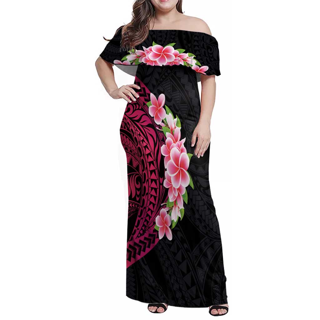 Hawaiian Tropical Plumeria Art Polynesian Tattoo Family Matching Off Shoulder Maxi Dress and Hawaiian Shirt Black and Bright Pink Color LT03 Mom's Dress Pink - Polynesian Pride