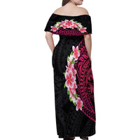 Hawaiian Tropical Plumeria Art Polynesian Tattoo Family Matching Off Shoulder Maxi Dress and Hawaiian Shirt Black and Bright Pink Color LT03 - Polynesian Pride