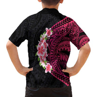 Hawaiian Tropical Plumeria Art Polynesian Tattoo Family Matching Off Shoulder Short Dress and Hawaiian Shirt Black and Bright Pink Color LT03 - Polynesian Pride