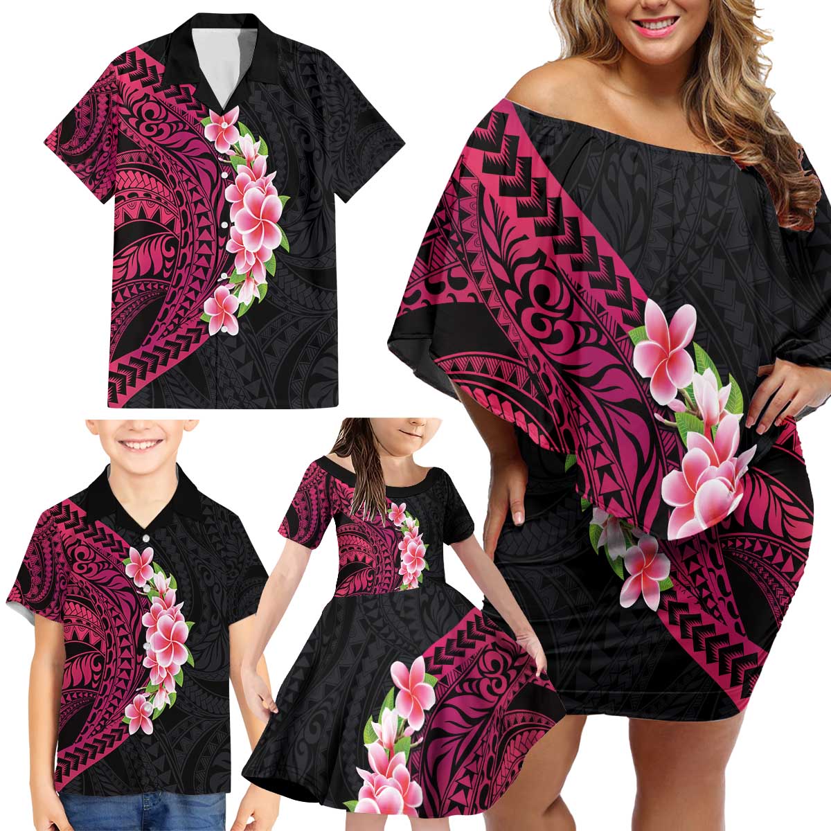 Hawaiian Tropical Plumeria Art Polynesian Tattoo Family Matching Off Shoulder Short Dress and Hawaiian Shirt Black and Bright Pink Color LT03 - Polynesian Pride