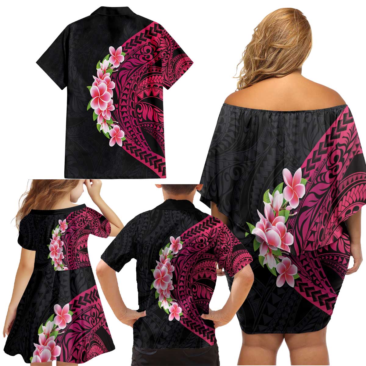 Hawaiian Tropical Plumeria Art Polynesian Tattoo Family Matching Off Shoulder Short Dress and Hawaiian Shirt Black and Bright Pink Color LT03 - Polynesian Pride