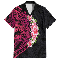 Hawaiian Tropical Plumeria Art Polynesian Tattoo Family Matching Off Shoulder Short Dress and Hawaiian Shirt Black and Bright Pink Color LT03 Dad's Shirt - Short Sleeve Pink - Polynesian Pride
