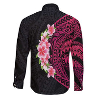 Hawaiian Tropical Plumeria Art Polynesian Tattoo Family Matching Off Shoulder Short Dress and Hawaiian Shirt Black and Bright Pink Color LT03 - Polynesian Pride