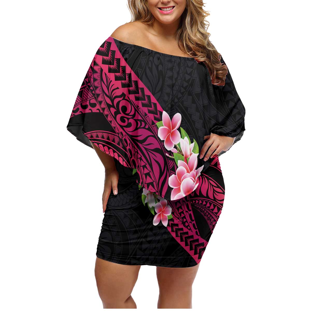 Hawaiian Tropical Plumeria Art Polynesian Tattoo Family Matching Off Shoulder Short Dress and Hawaiian Shirt Black and Bright Pink Color LT03 Mom's Dress Pink - Polynesian Pride